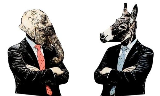 An illustration of an elephant and donkey in suits, representing Republicans and Democrats.