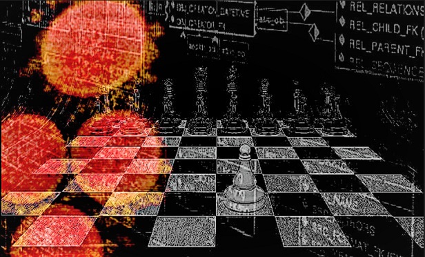 NIH SARS-CoV-2 microbes over a chessboard, with a software flowchart in the background.